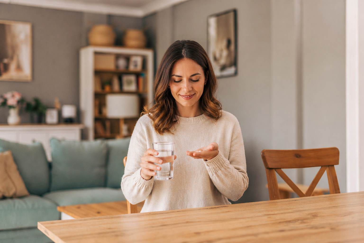 A woman with shoulder-length brown hair smiling while holding a glass of water and looking at her hand in a cozy, well-lit living room getting ready to take their ADHD psychiatric medication.