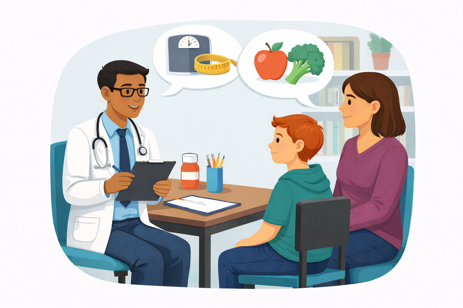 a psychiatrist consulting with young boy and mother in a psychiatry office, discussing mental health, autism and ADHD and speech bubbles above show images of a weighing scale with a measuring tape, and healthy foods like an apple and broccoli.