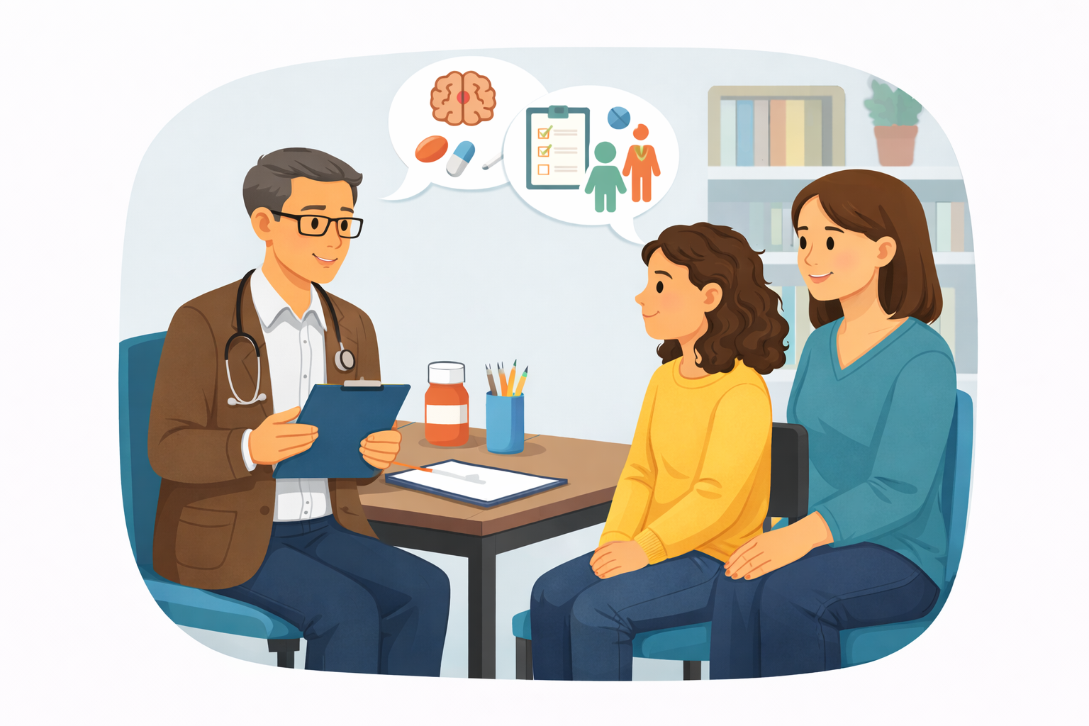 a psychiatrist consulting with young boy and mother in a psychiatry office, discussing mental health, autism and ADHD showing a brain, pills, and health checklists.
