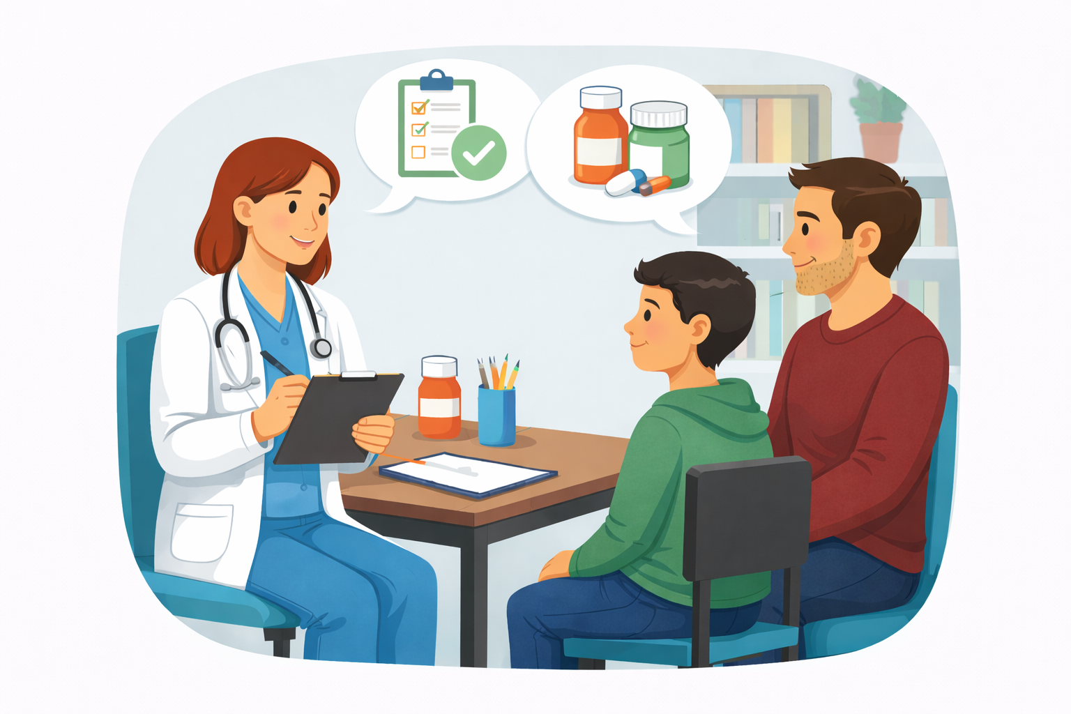 a psychiatrist consulting with young boy and mother in a psychiatry office, discussing mental health, autism and ADHD. The doctor holds a clipboard, and there are medication bottles and a checklist in speech bubbles.