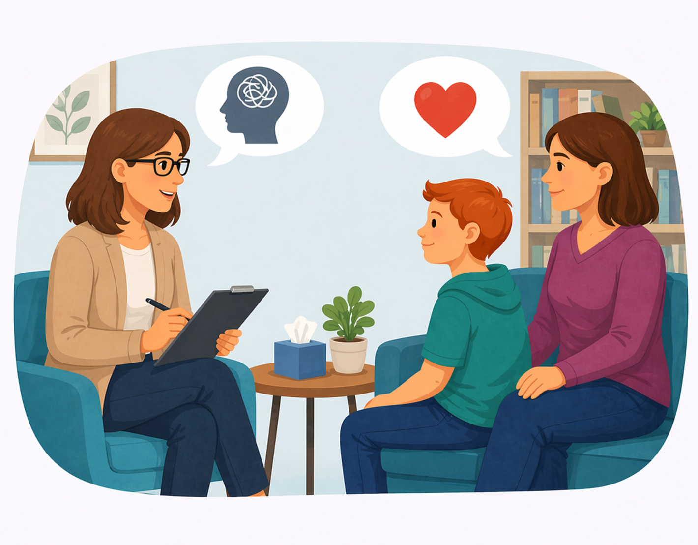 a psychiatrist consulting with young boy and mother in a psychiatry office, discussing mental health, autism and ADHD, with speech bubbles showing a brain and a heart.