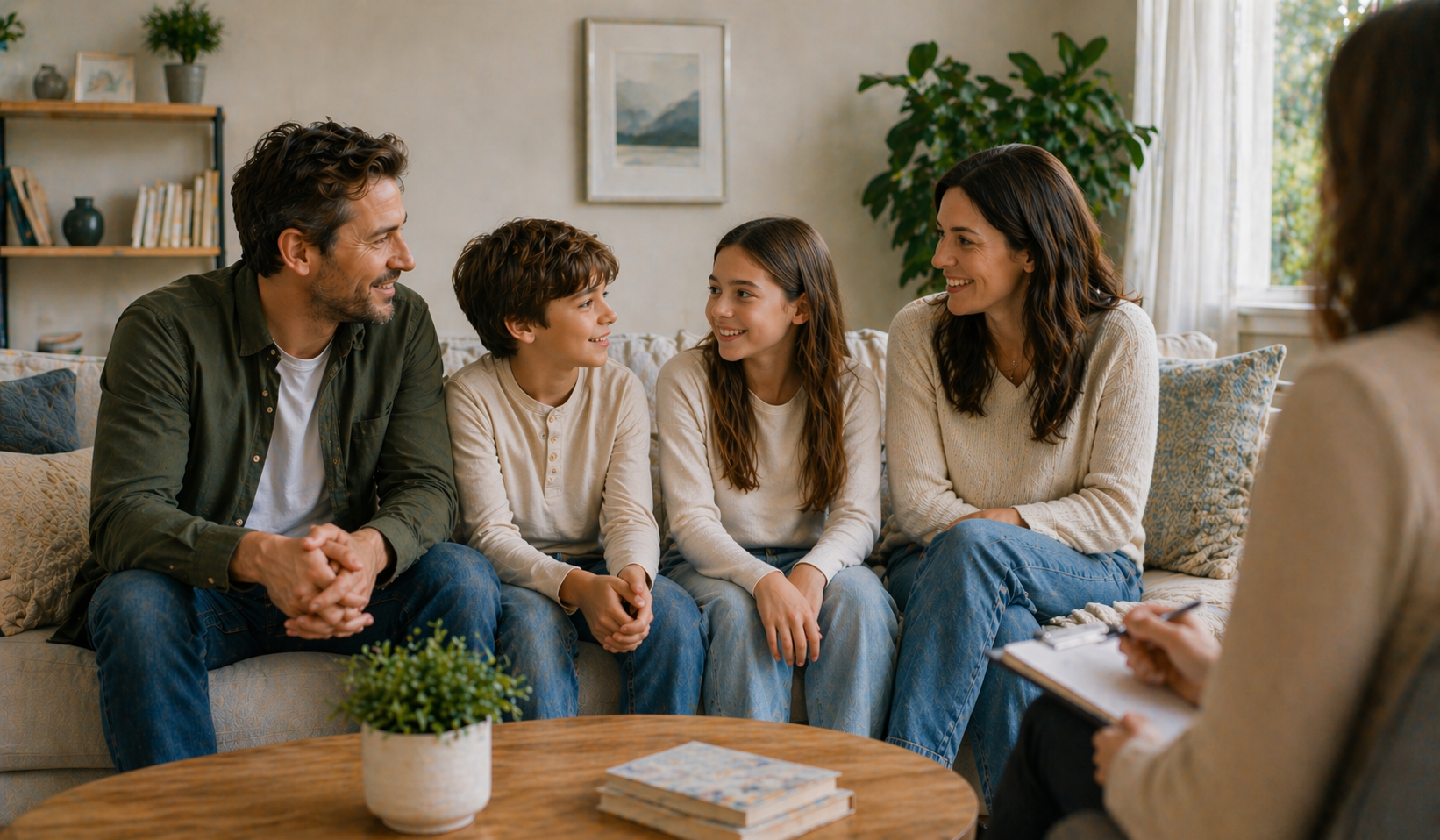 Family of five including two adults and three children sitting on a beige couch during a psychiatry session, talking and smiling at a psychiatrist taking notes.