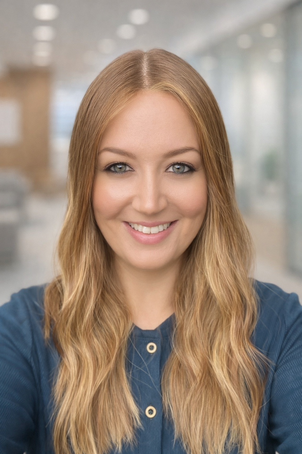 A woman with long, wavy blonde hair smiling in an indoor office setting. an assistant mental health practitioner in our adhd, autism and general psychiatry team.