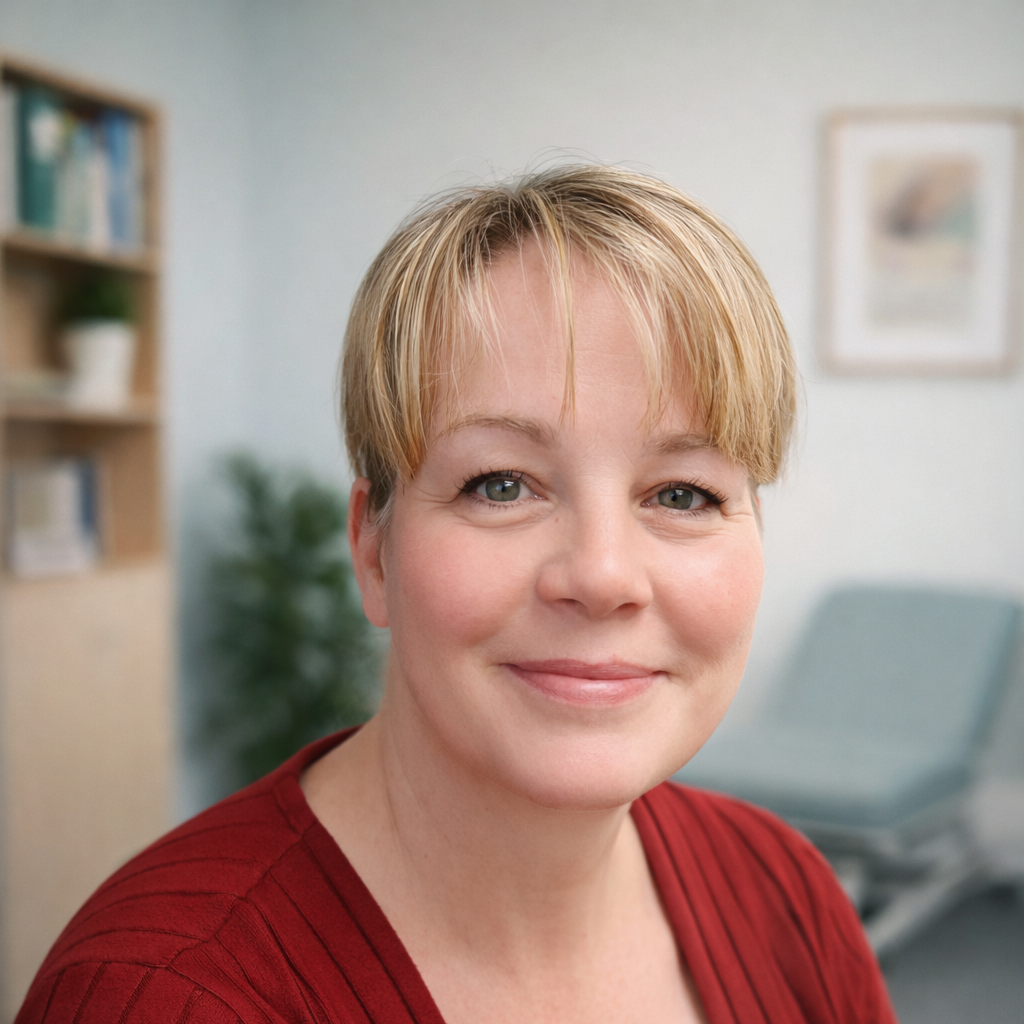 A woman with short blonde hair and a red top smiling in a softly lit room with a bookshelf and a chair in the background. a specialist mental health nurse prescriber in our adhd, autism and general psychiatry team.