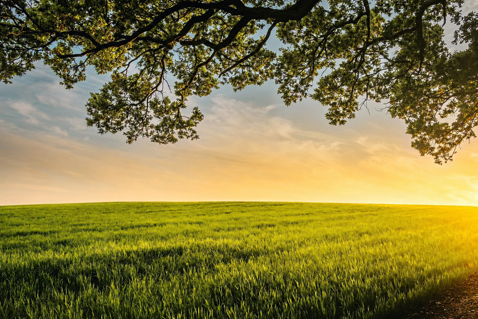 Open field with green grass, trees overhead, and a sunset sky in the background for calming mental health.
