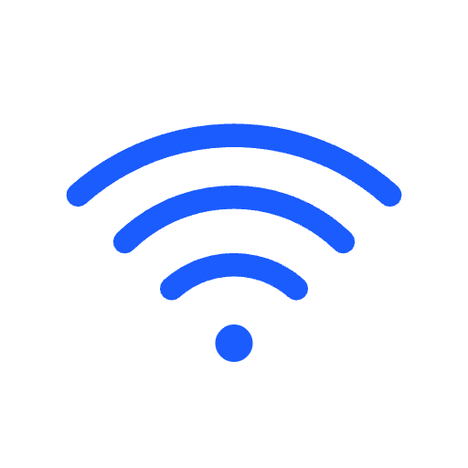 Wi-Fi signal icon with three blue curved lines radiating from a blue dot on a black background.