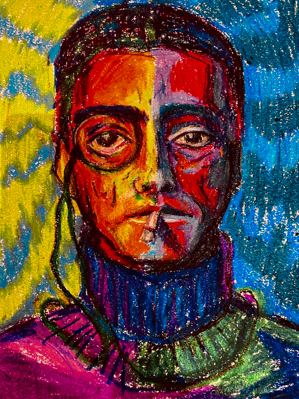 Kleurrijk expressief portret van een persoon, geschilderd met felle kleuren en grove penseelstreken, waarbij het gezicht gesplitst is in verschillende kleuren en stijlen.