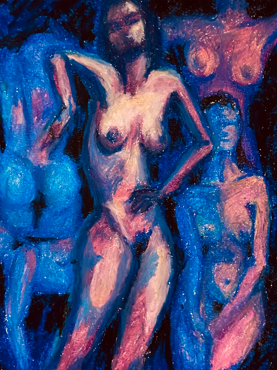 Abstract schilderij van een naakte vrouw met blauwe en roze tinten, omgeven door andere naakte lichamen.