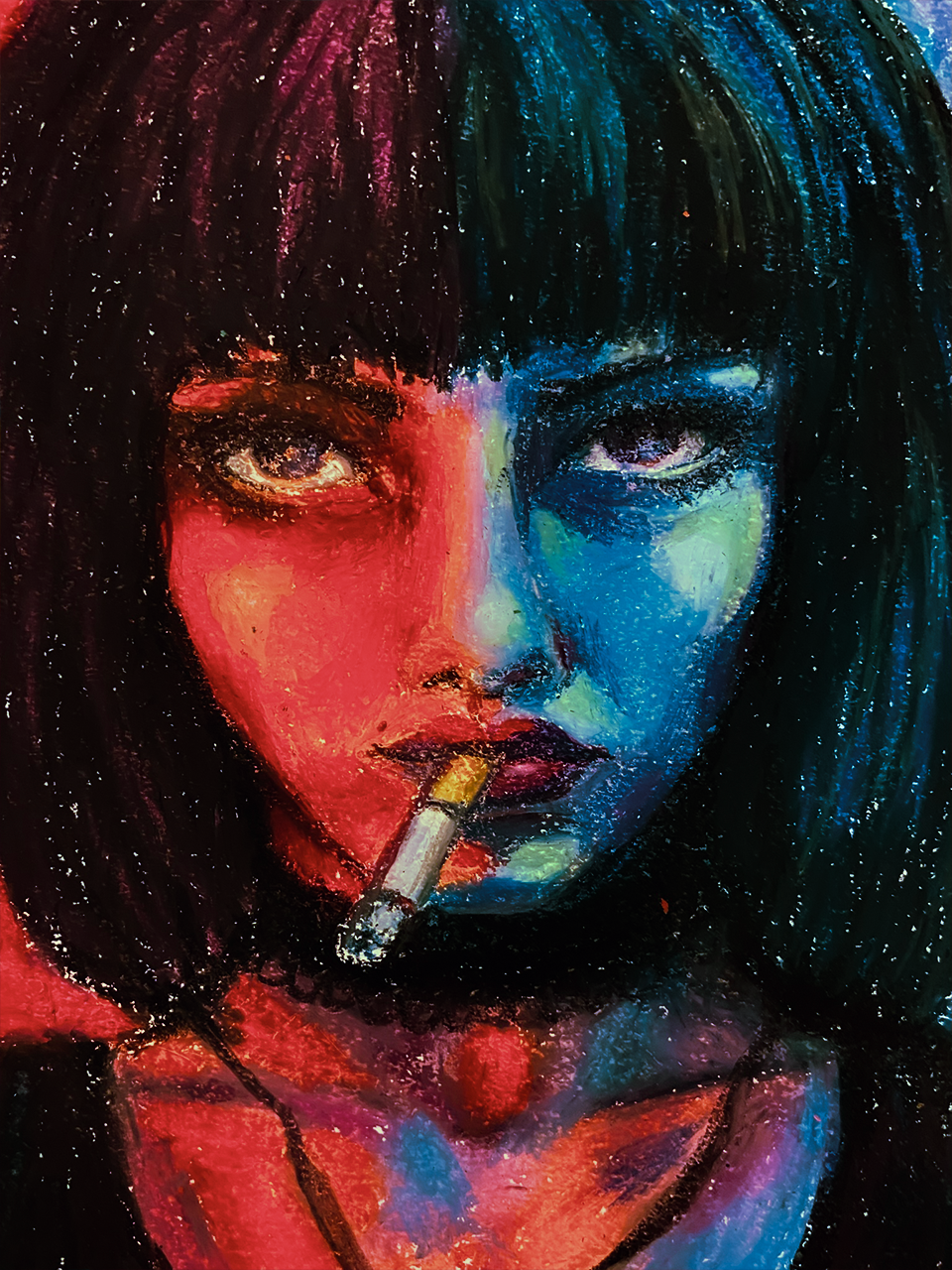 Kunstwerk van een vrouw met half blauwe en half roze gezicht, zwarte haar, roker in haar mond, in felle kleuren en speelse stijl.
