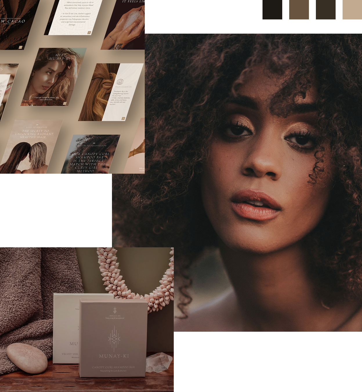 Een collage van een vrouw met krullend haar, haar gezicht en haar haar centraal, naast afbeeldingen van haarproducten en haarverzorgingsproducten.