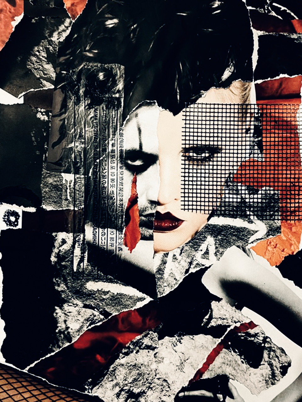 Een collage van krantenknipsels en fotografisch portret van een vrouw met donkere make-up, rode lippen en zwart haar, samengesteld uit verschillende stukjes papier en afbeeldingen.