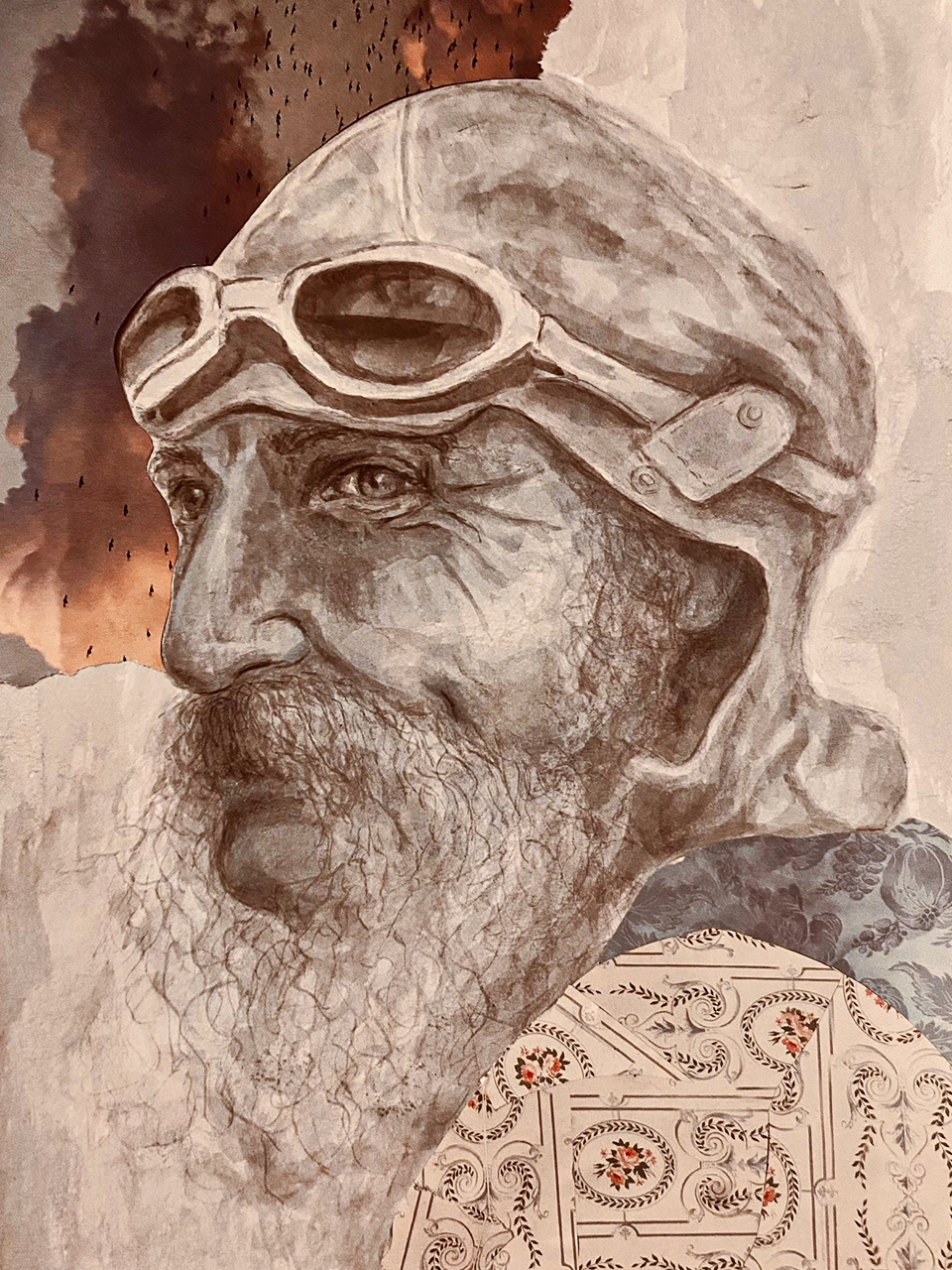Een muurschildering van een oude man met een lange, grijze baard en een helm met goggles.