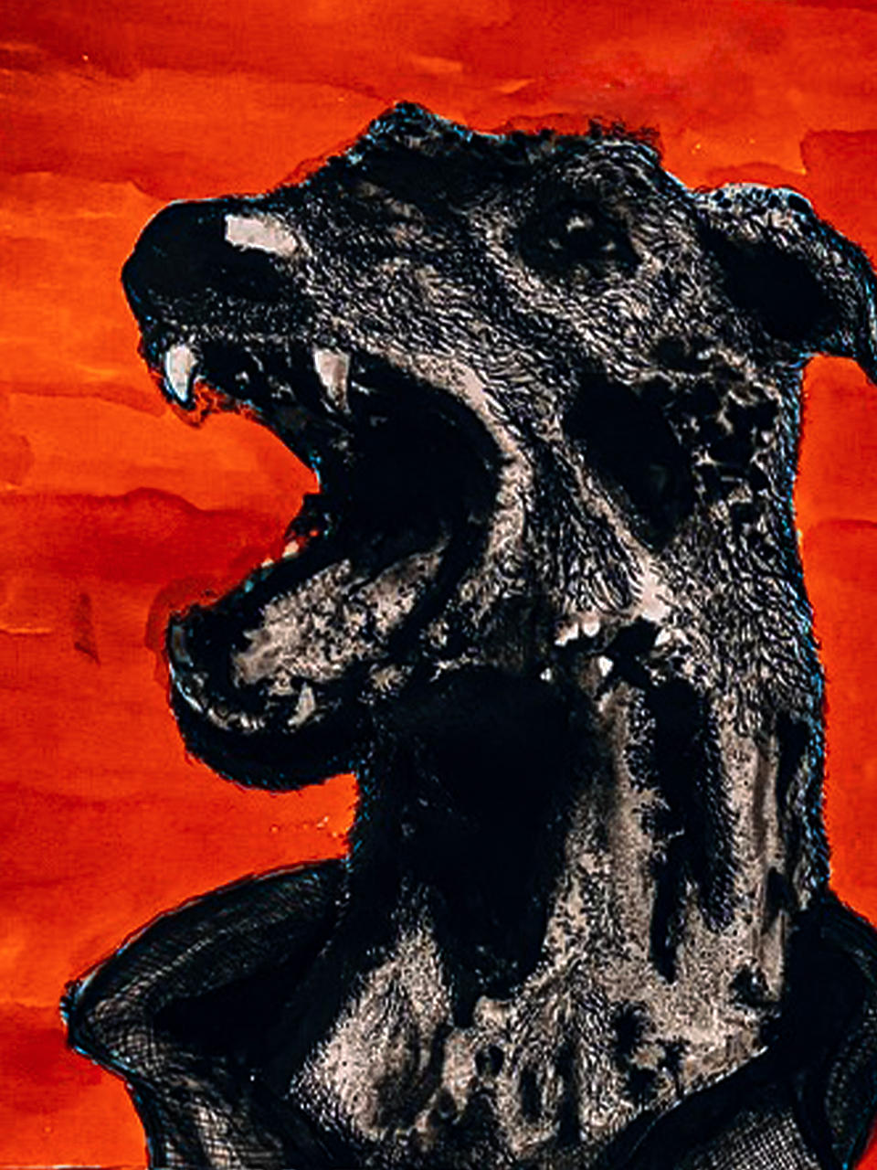 Schildering van een roar in een oranje achtergrond.