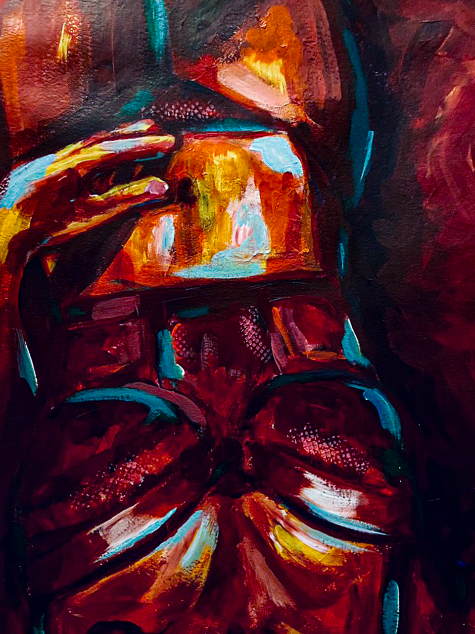 Een kleurrijk abstract schilderij van een persoon die een pet of hoed draagt, met duim en wijsvinger die een dorstige handpositie maken, in heldere en vurige kleuren zoals rood, oranje, geel, blauw en zwart.