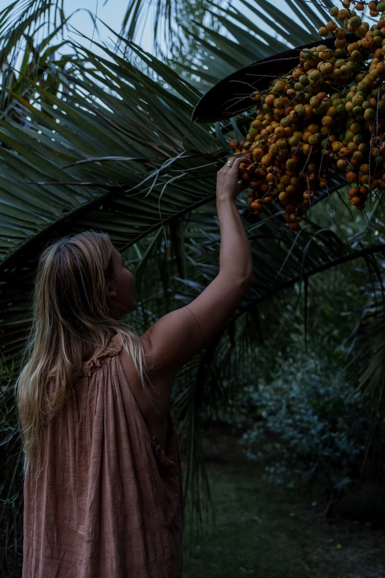 Woman harvesting palm fruit in a lush tropical garden.
