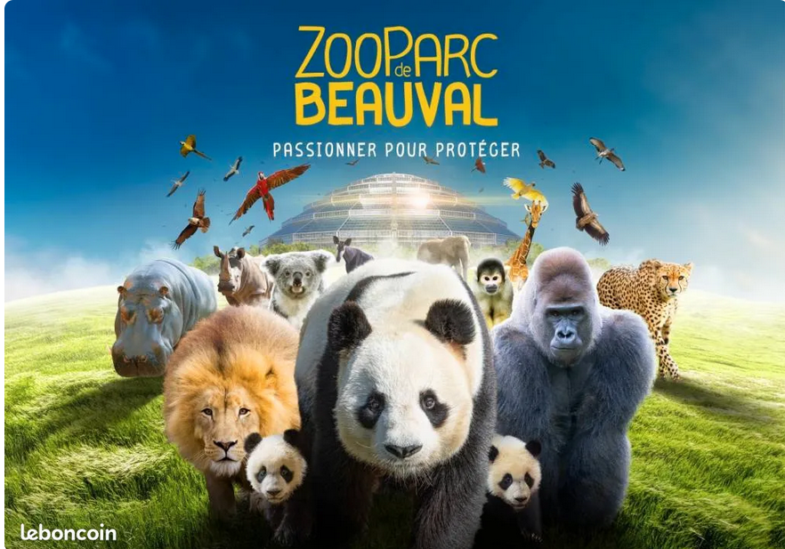 Une affiche d'un zoo montrant plusieurs animaux sauvages tels qu'un lion, un panda, un gorille, un léopard, un hippopotame, un singe, un calao, un toucan et d'autres oiseaux, avec un bâtiment du zoo en arrière-plan et le texte 'Zoo de Parc de Beauval - Passionner pour protéger'.