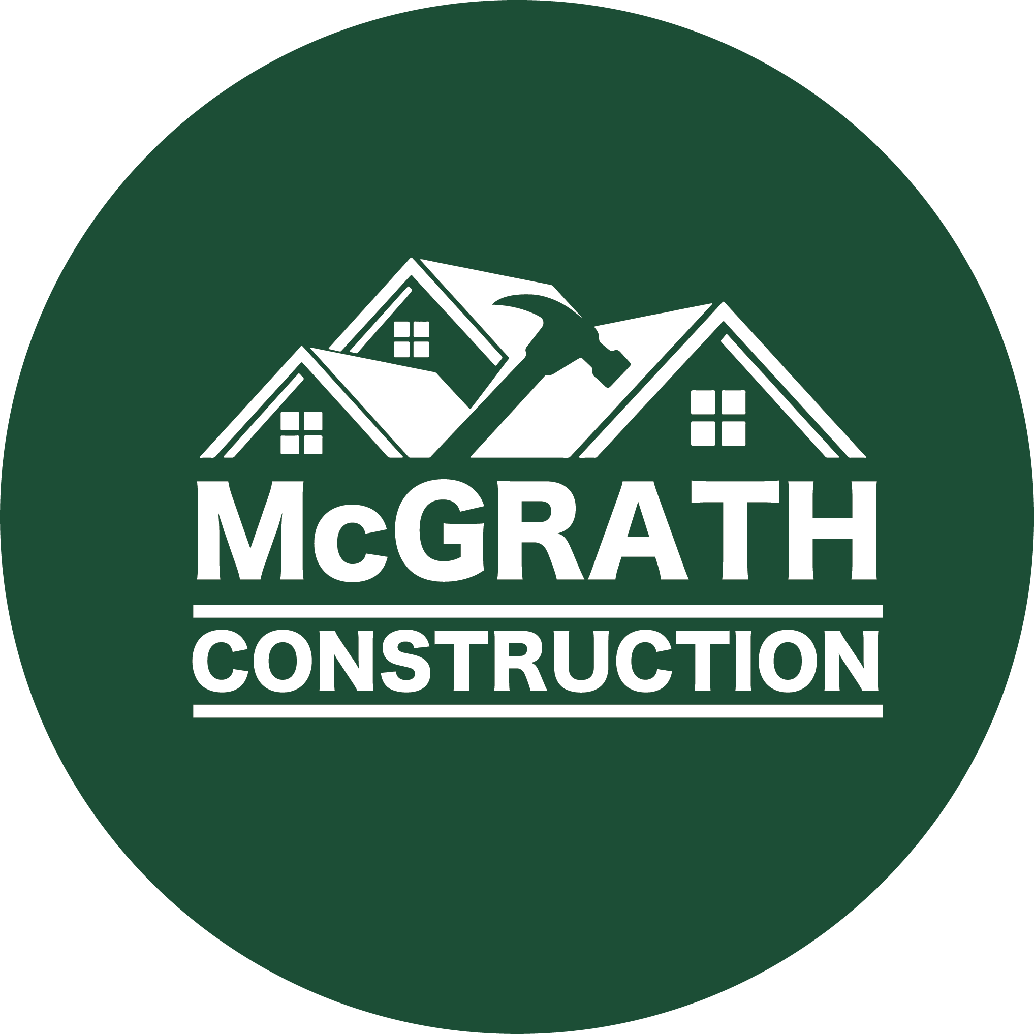 Logo for McGrath Construction with white house rooftops on green circular background.