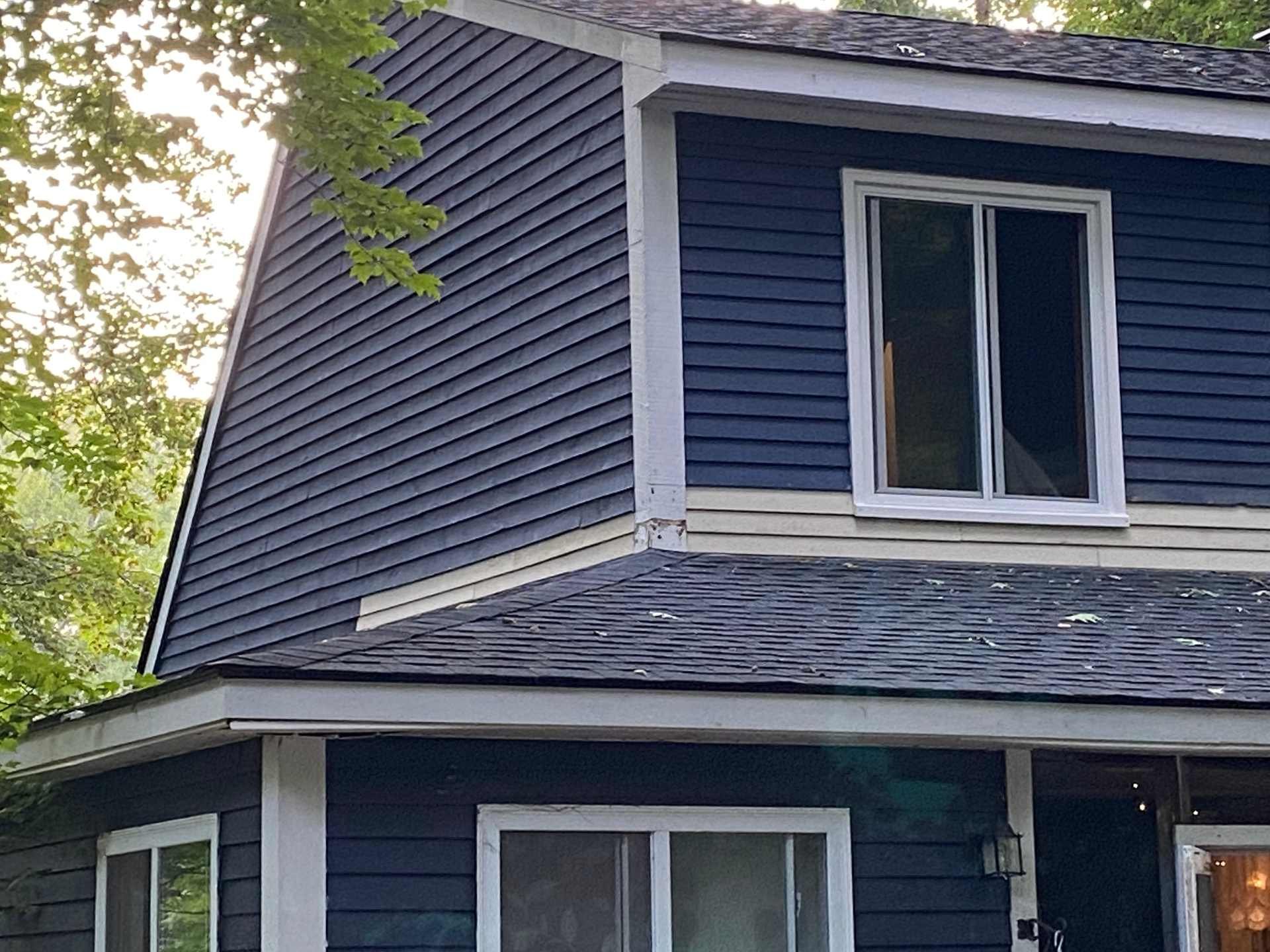 Close-up of a house exterior with dark blue horizontal siding, a white-framed window, and part of a porch with a screen door, surrounded by green trees.