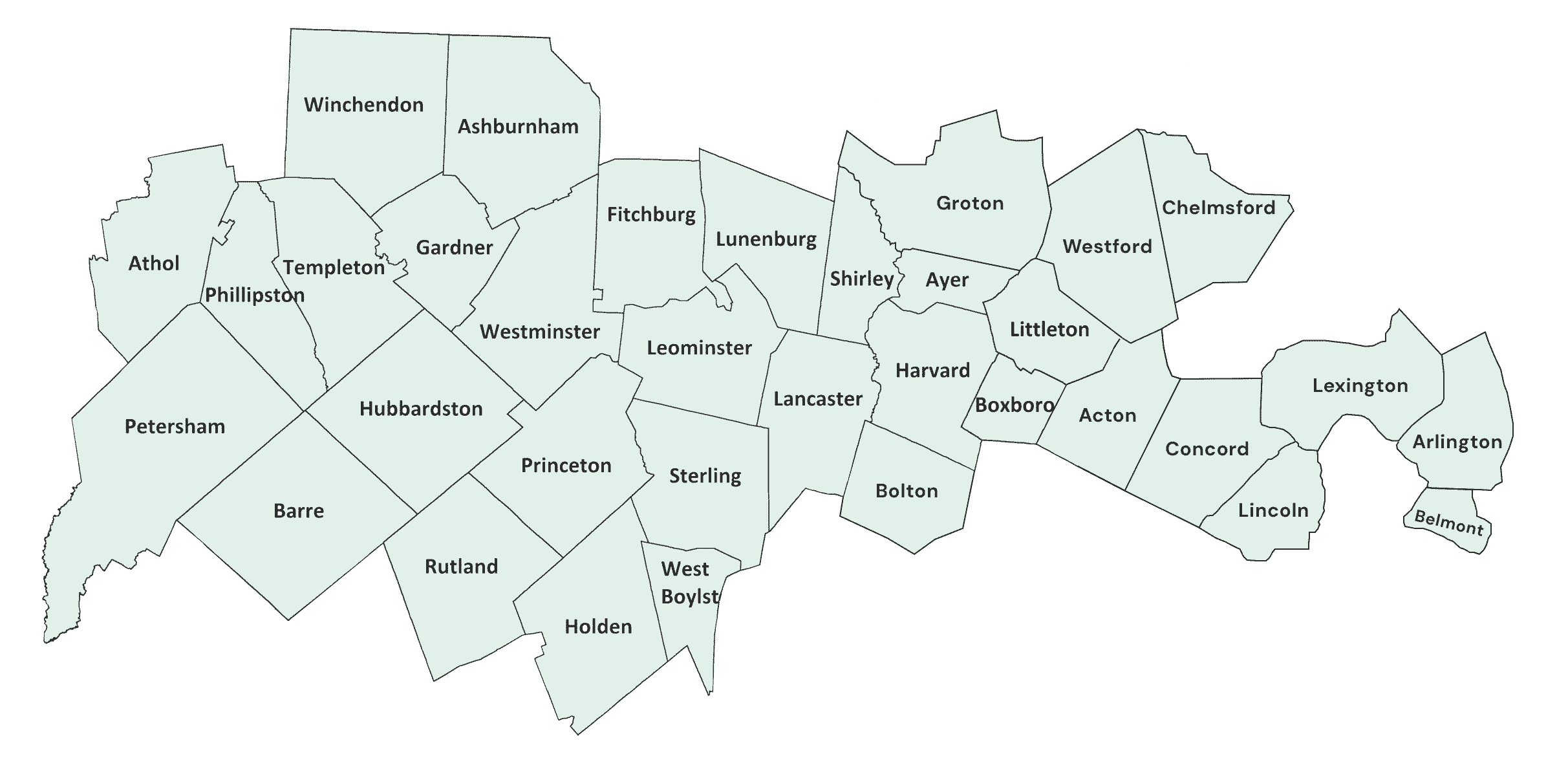 A map showing various towns and neighborhoods in Boston, Massachusetts, including Winchendon, Ashburnham, Groton, Chelmsford, Westford, Concord, Lexington, Arlington, Belmont, Lincoln, Acton, Boxborough, Harvard, Littleton, Ayer, Shirley, Lunenburg, Fitchburg, Gardner, Athol, Phillipston, Templeton, Westminster, Leominster, Lancaster, Sterling, Bolton, Harvard, and others.