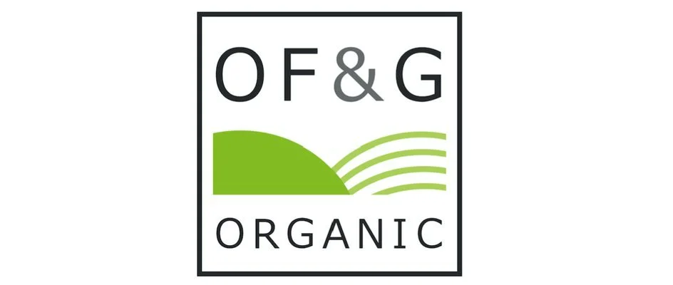 Logo with the text 'OF&G ORGANIC' and a green stylized landscape with a hill and four curved lines