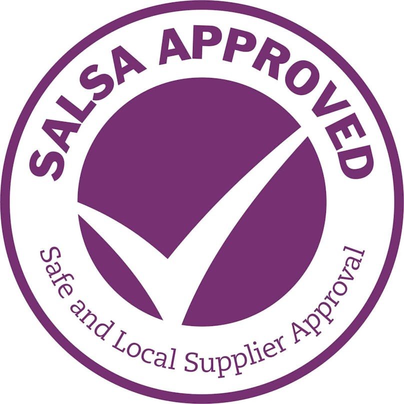 Purple circular badge with the text "SAI SALSA APPROVED" at the top and "Safe and Local Supplier Approval" at the bottom, surrounding a large checkmark inside the circle.