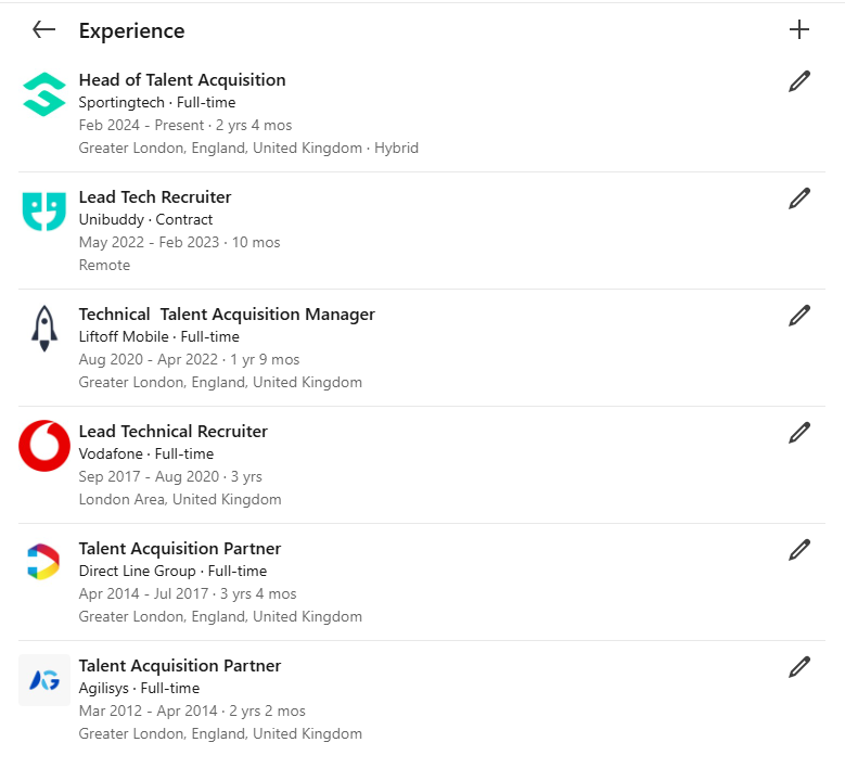 A screenshot of a digital resume or LinkedIn profile listing various job positions related to talent acquisition and recruitment in Greater London, England, United Kingdom, including roles such as Head of Talent Acquisition, Lead Tech Recruiter, Technical Talent Acquisition Manager, Lead Technical Recruiter, and Talent Acquisition Partner, with company logos and employment dates.
