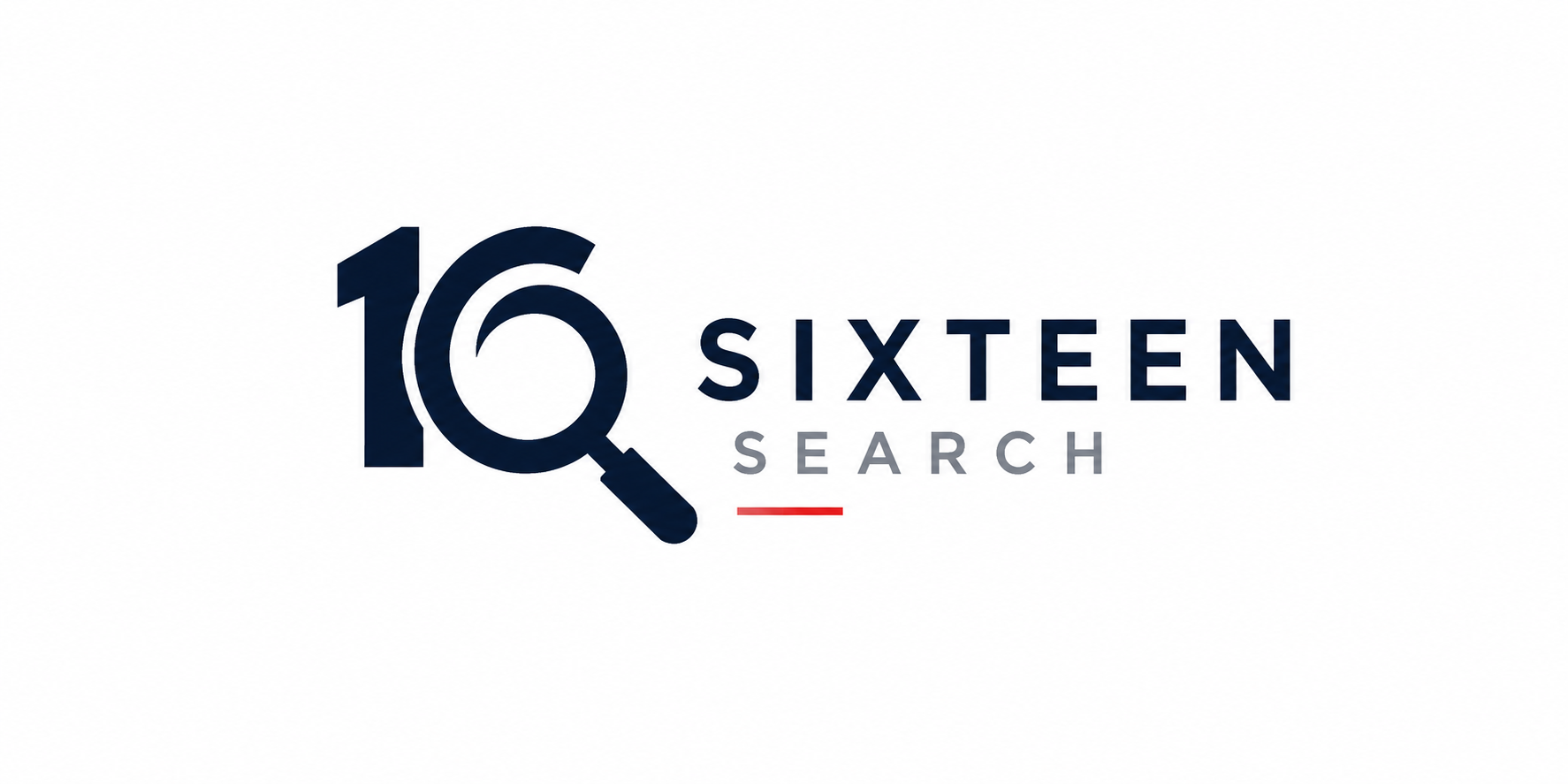 Logo for '16 Sixteen Search' featuring the number 16 in large navy blue font with a magnifying glass integrated into the number 6, and the words 'Sixteen Search' written to the right in navy blue and gray fonts.