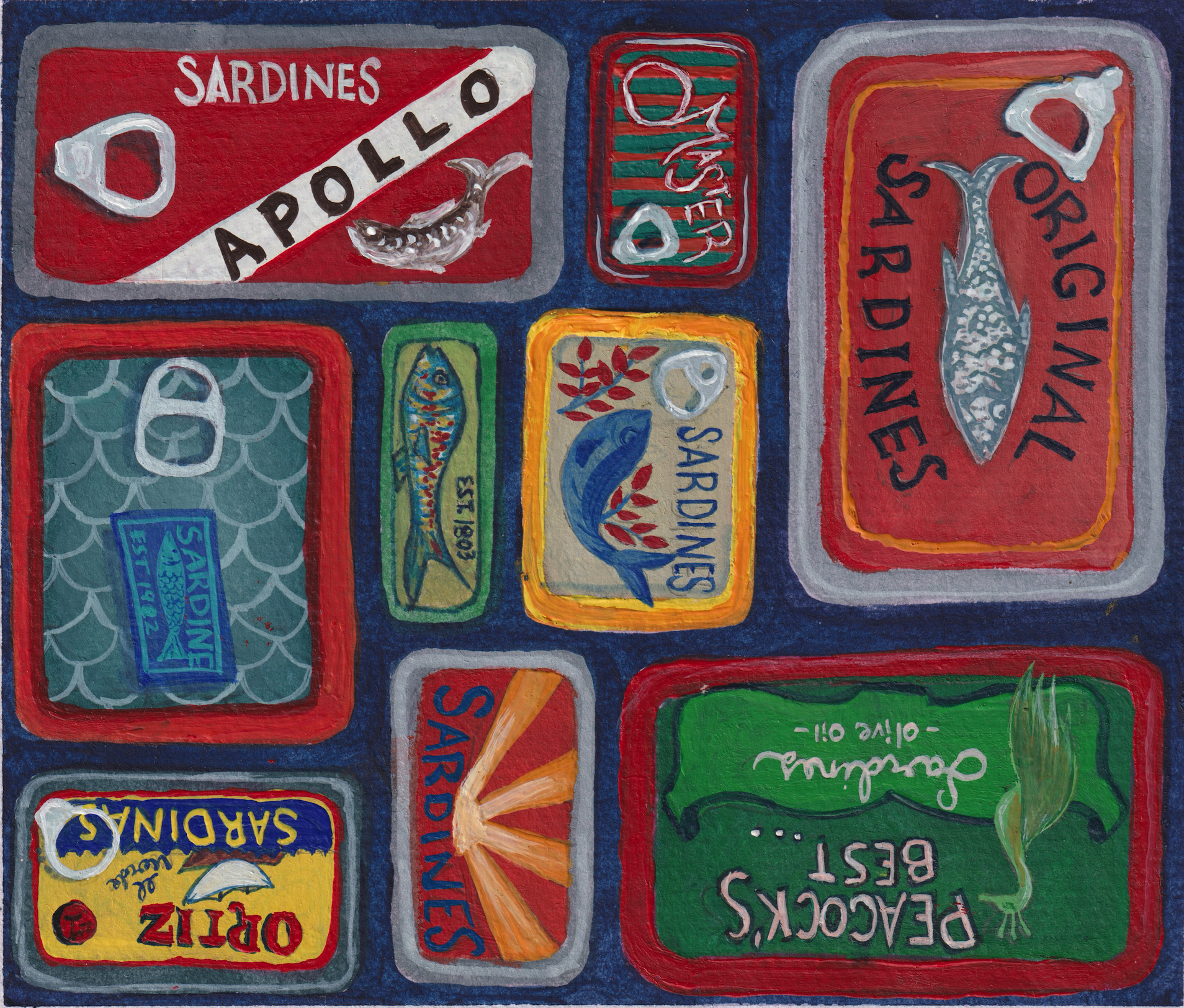 Colorful painting of canned seafood products including sardines, anchovies, and mackerel, with labels in red, yellow, green, and blue backgrounds, featuring illustrations of fish and seafood, with some text related to the products.