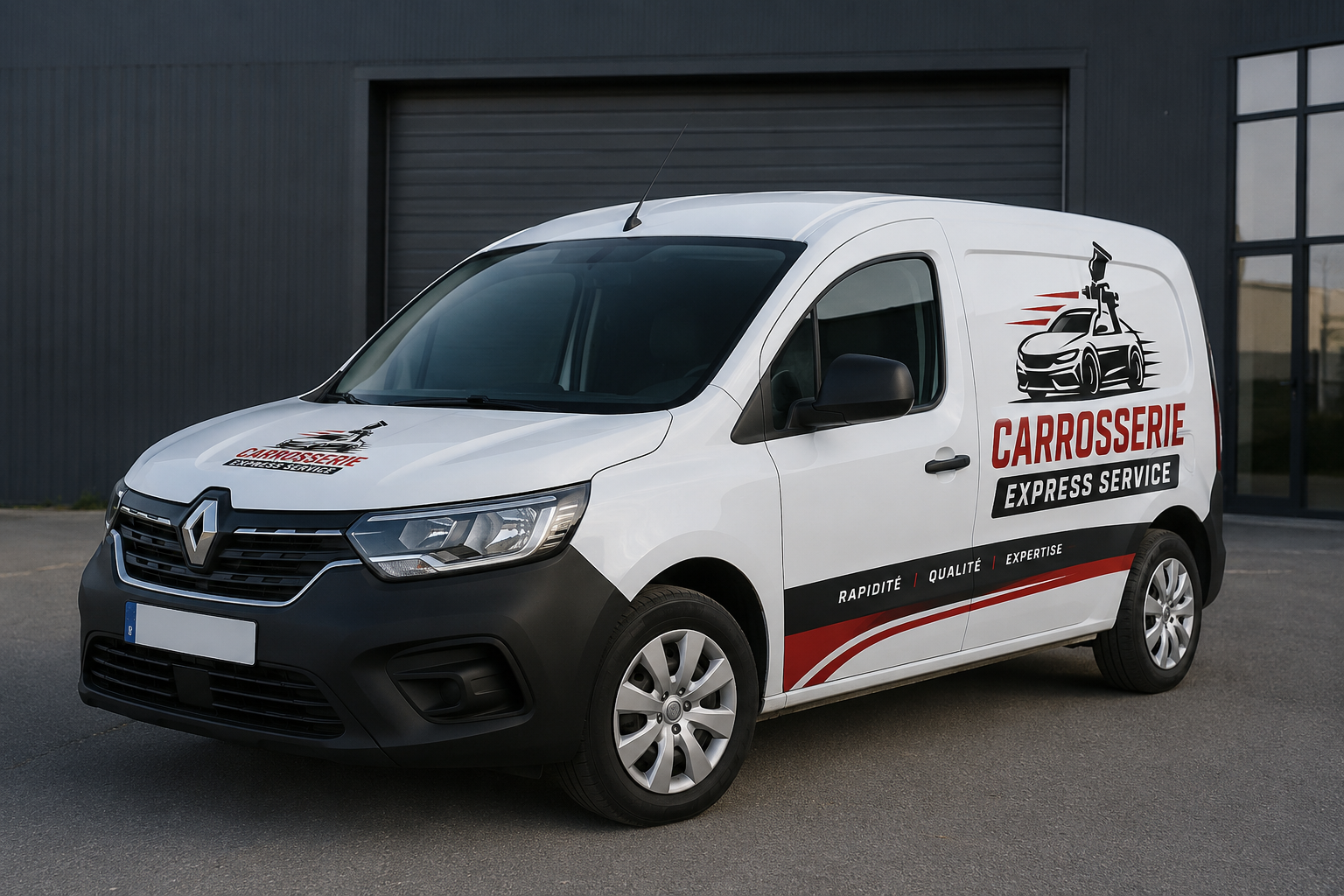 Une utilitaire équiper pour de la carrosserie à domicileavecun logo indiquant un service de carrosserie express, stationnée devant un bâtiment moderne avec une façade sombre.
