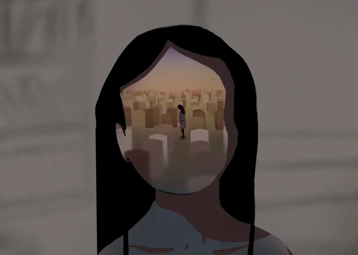 Still from Wait, I Am From Wuhan (2021). A CGI figure  of a woman with long black hair, her face replaced by  a scene of a lone figure standing among gravestones  at dusk holding a small red light
