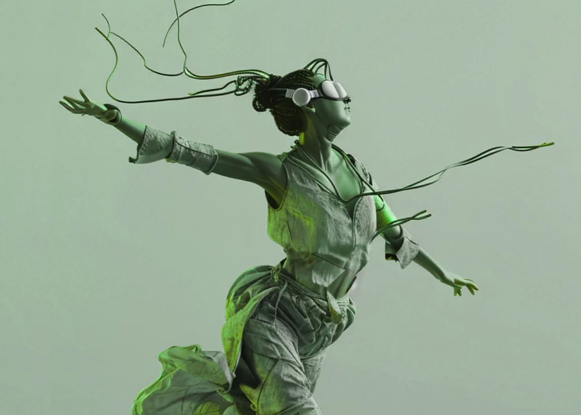 Promotional image for Future Folk Symposium. A CGI figure mid-leap wearing VR goggles and flowing garments, with organic vine-like wires trailing from her head against  a sage green background.