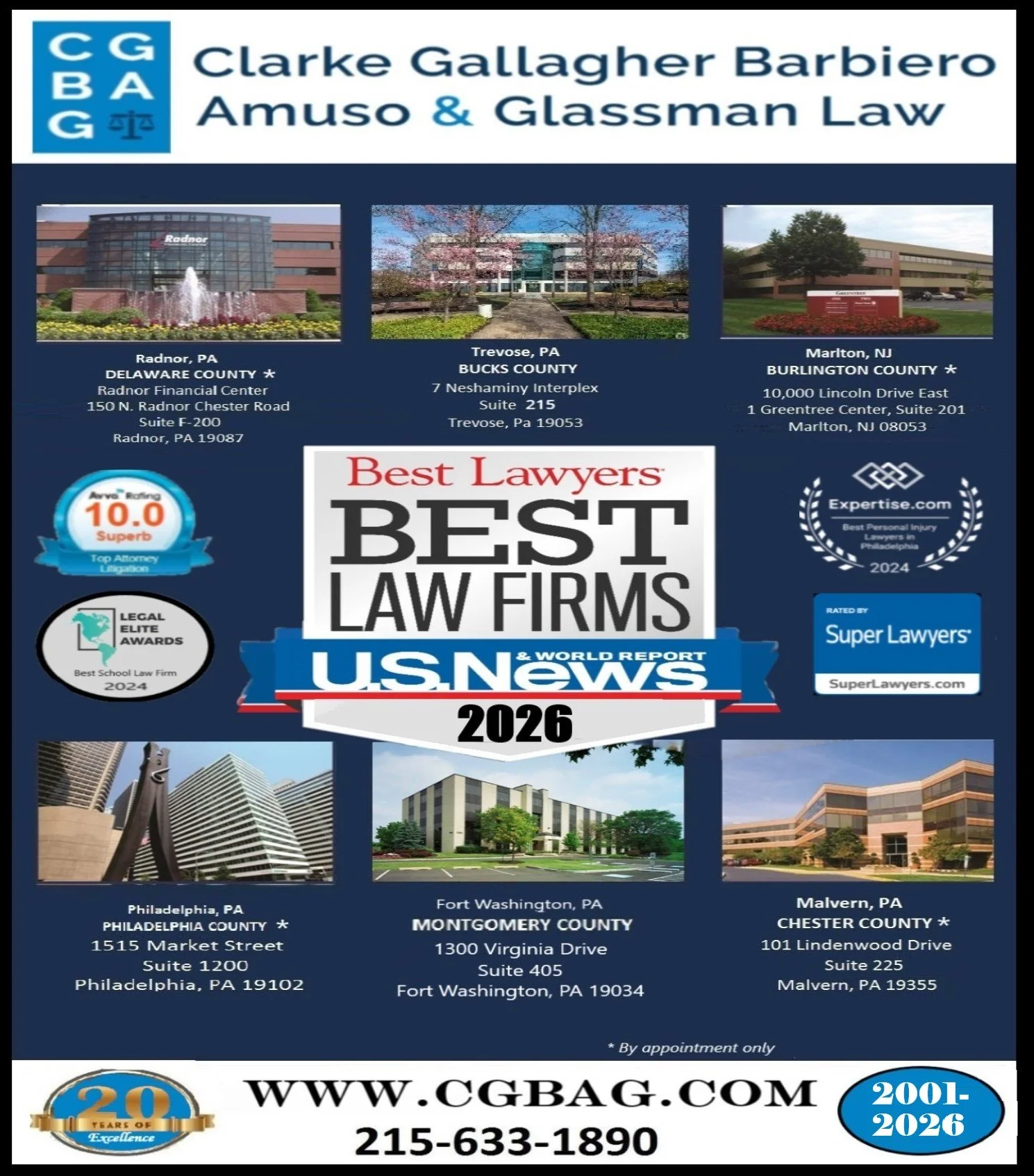 Awards for Clarke Gallagher Barbiero Amuso & Glassman Law, featuring images of law firm buildings and office locations in Pennsylvania, New Jersey, and Delaware, including Radnor, Trevose, Marlton, Philadelphia, Fort Washington, and Malvern.