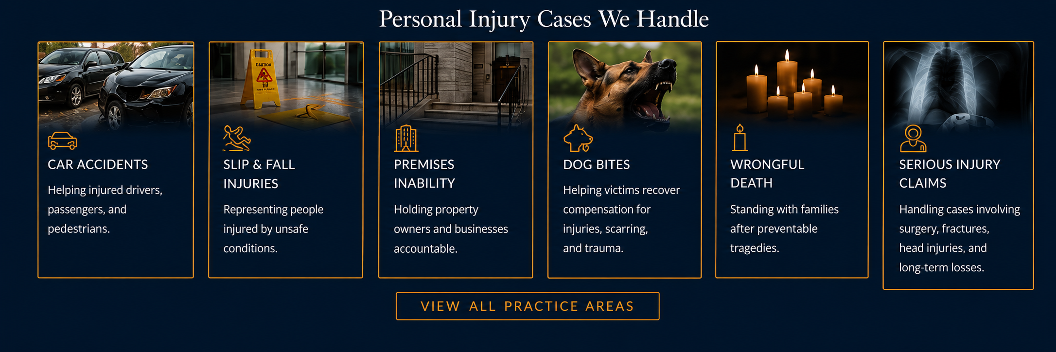 A graphic titled 'Personal Injury Cases We Handle' with six sections: car accidents, slip & fall injuries, premises inability, dog bites, wrongful death, and serious injury claims. Each section includes icons and descriptions related to each case type, with a button labeled 'View All Practice Areas' at the bottom.