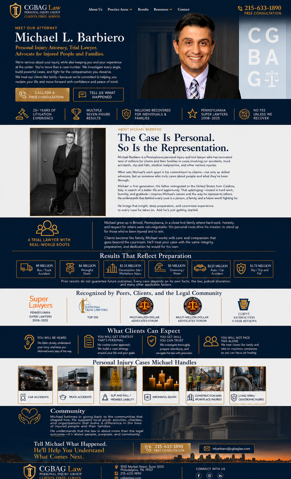 This is a detailed webpage for CBGAB Law, personal injury attorneys, featuring a professional headshot of Michael L. Barbiero. The page highlights his experience, cases, and client testimonials, with sections on practice areas, results, recognitions, client expectations, and contact information. The design incorporates navy blue, orange, and white colors, with icons illustrating various legal services and achievements.