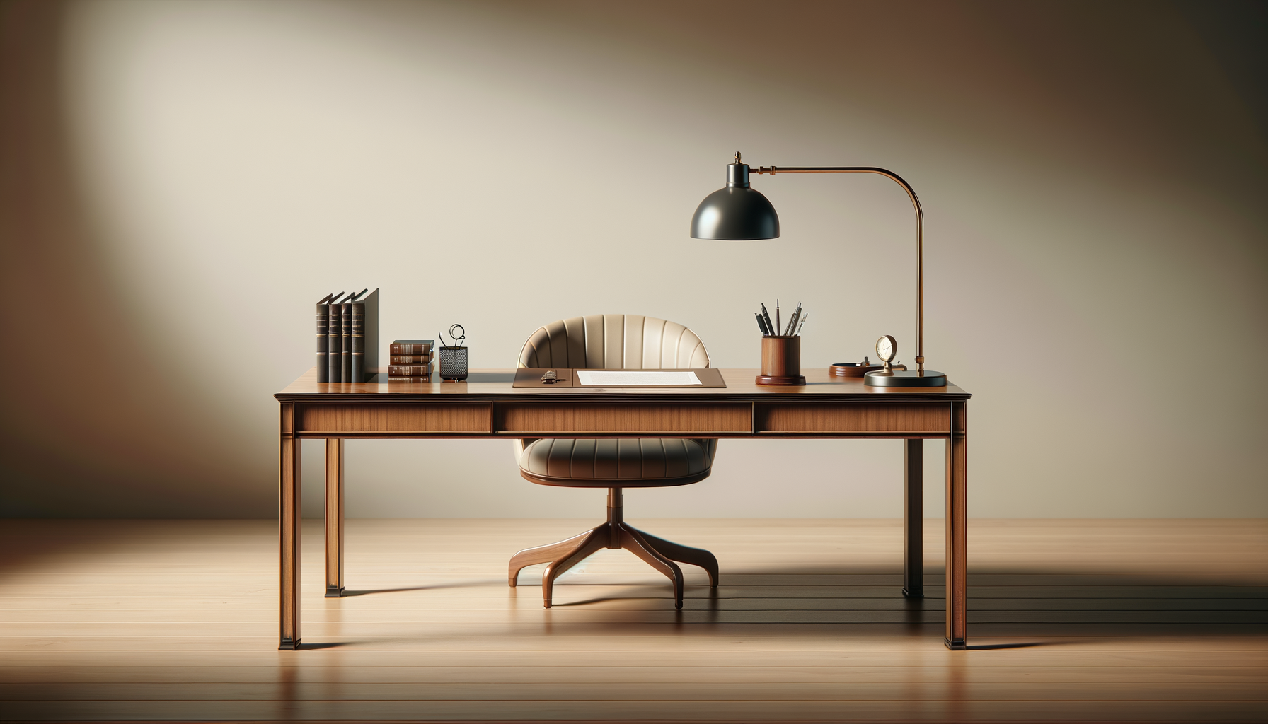Empty wooden desk with a beige leather office chair, a black desk lamp, a set of books, a small clock, a container with pens, and a paper and pen holder, against a plain light-colored wall.