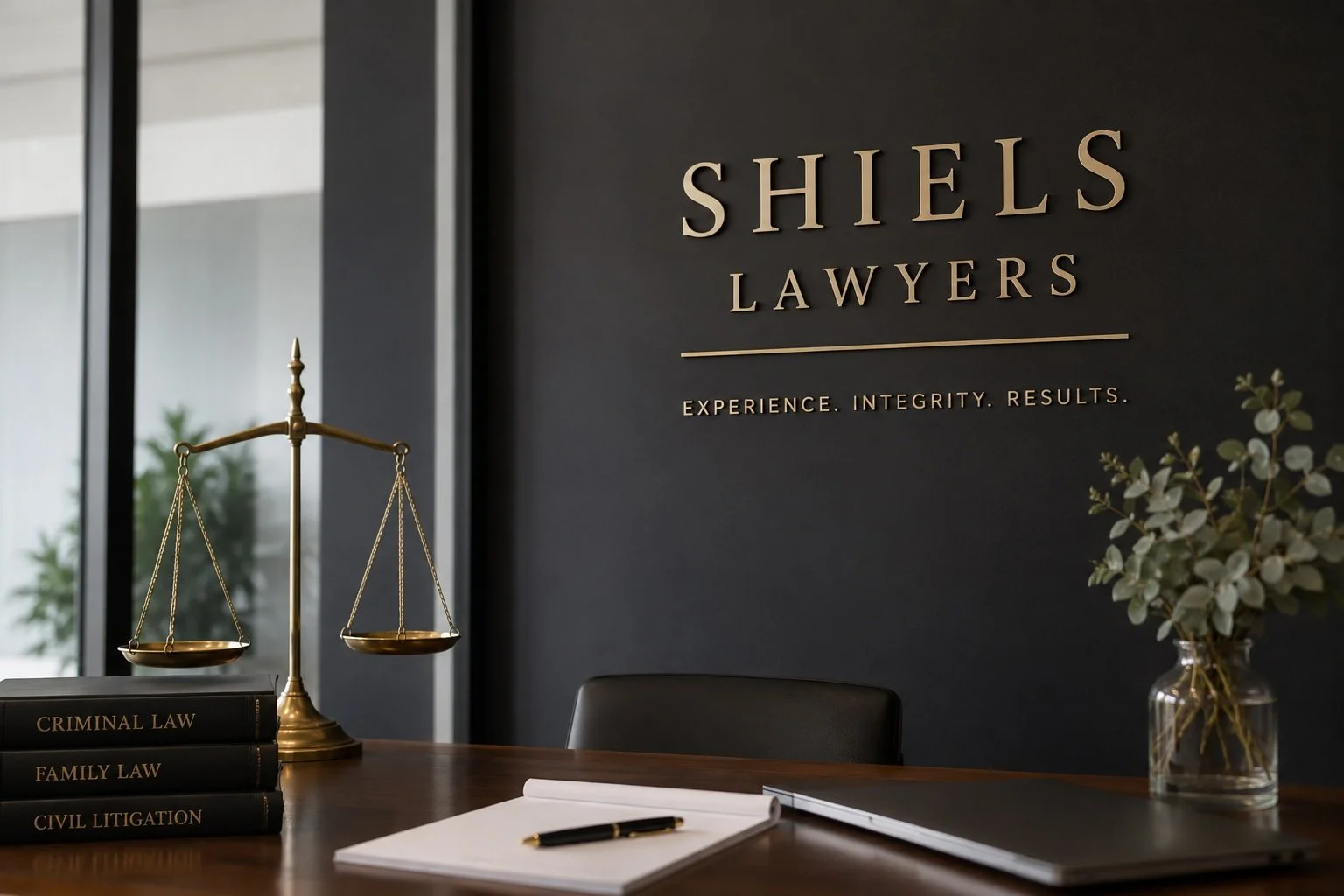 Interior of a law office with a dark wall displaying the sign 'SHIELDS LAWYERS' and the slogan 'Experience. Integrity. Results.' on a black wall. A wooden table has a stack of law books, a golden balance scale, a notebook with a pen, and a vase of eucalyptus leaves.