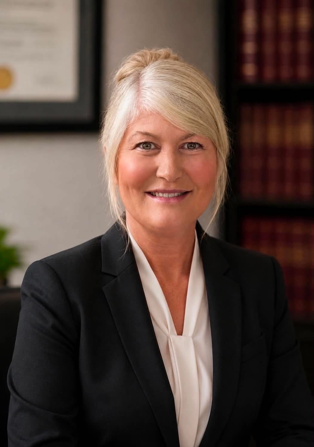 A professional woman with blonde hair in a bun, wearing a black blazer and white blouse, smiling at the camera in an office setting.