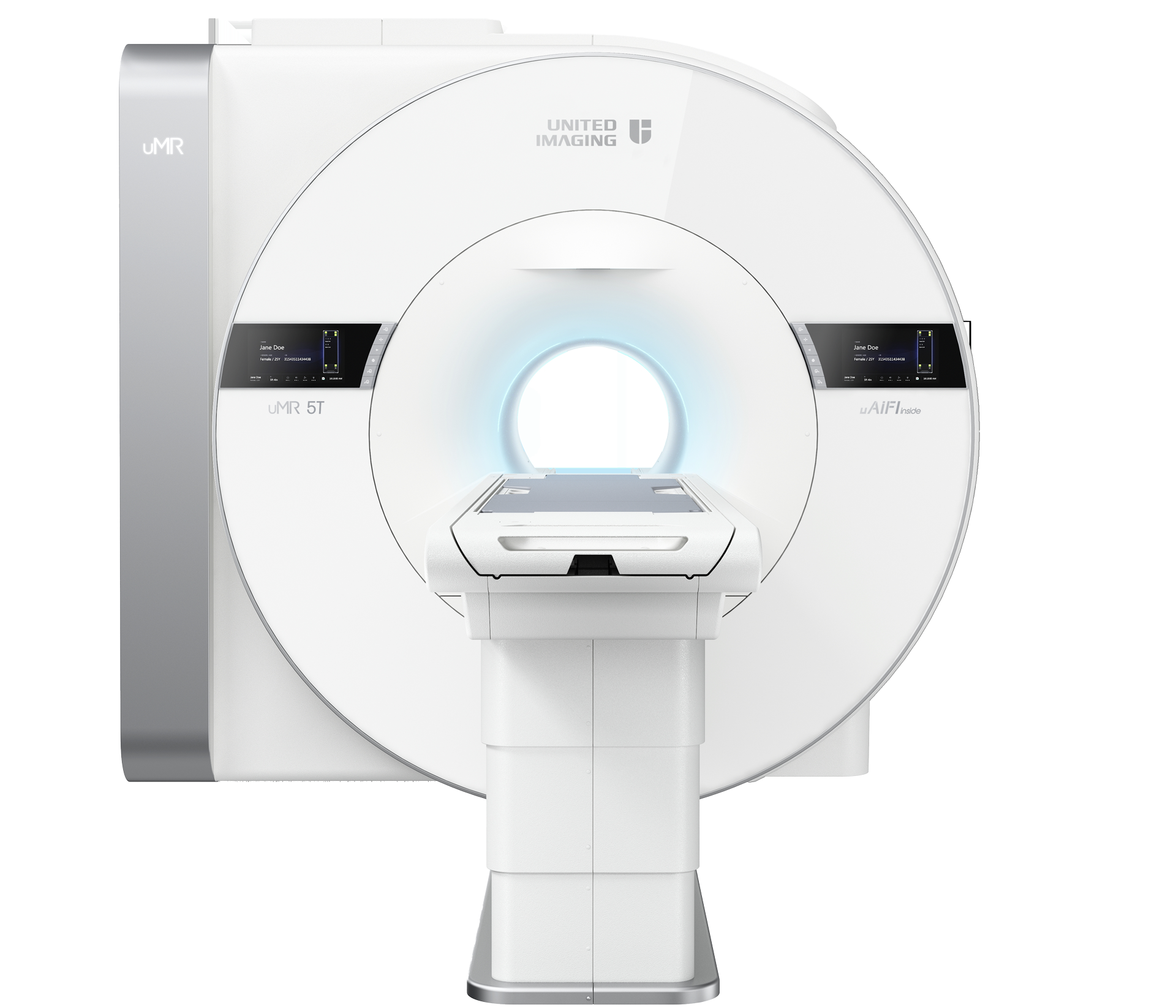A large, white medical imaging machine United Imaging, likely a CT or MRI scanner, with a circular opening and digital screens displaying patient information.