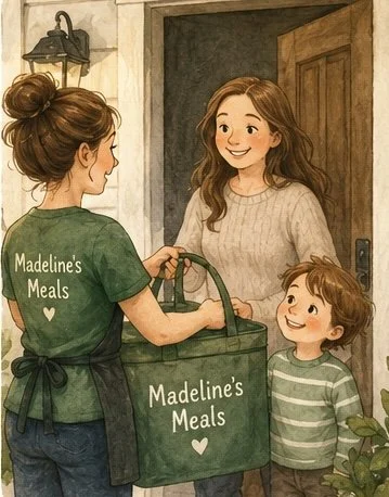 A woman delivering meals for Madeline's Meals to a smiling girl and boy at the door of a home.
