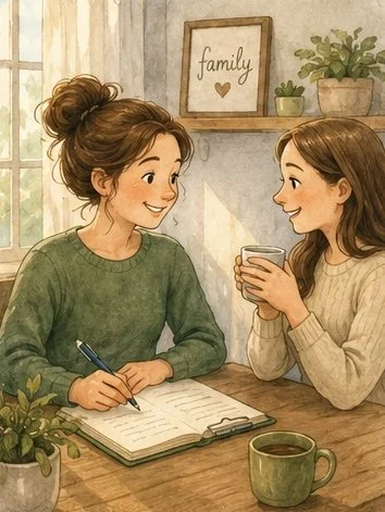 Two women sitting at a table having a conversation, one with a notebook and pen, the other holding a mug, in a cozy room with a 'family' sign and plants in the background.