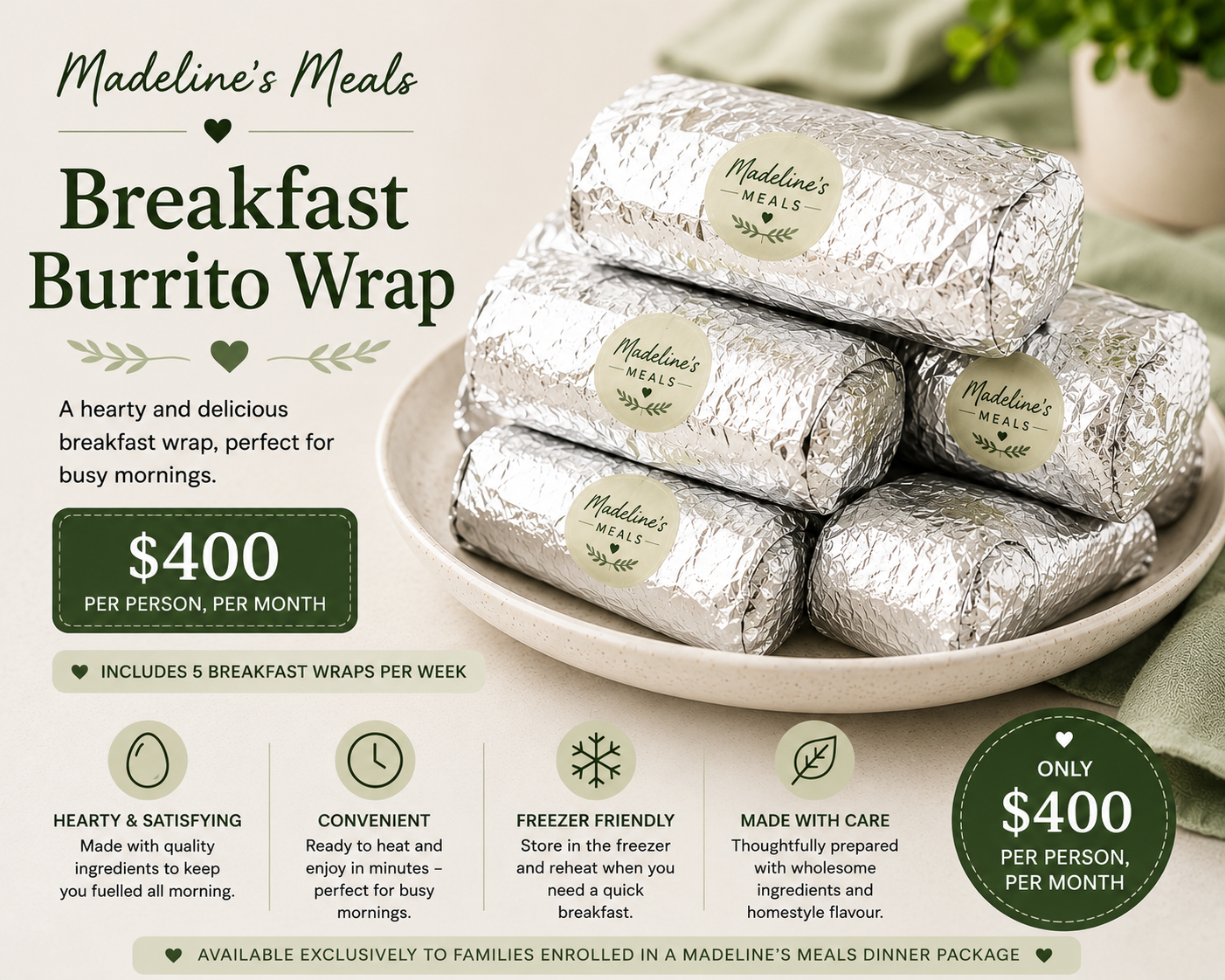 A plate of five silver-wrapped breakfast burrito wraps labeled 'Madeleine's Meals,' with promotional text on a beige background advertising a meal plan for $400 per person per month, including details about meal features and benefits.