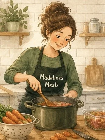 A young woman cooking in a kitchen, wearing a black apron that says 'Madeline's Meals', stirring a pot of food.