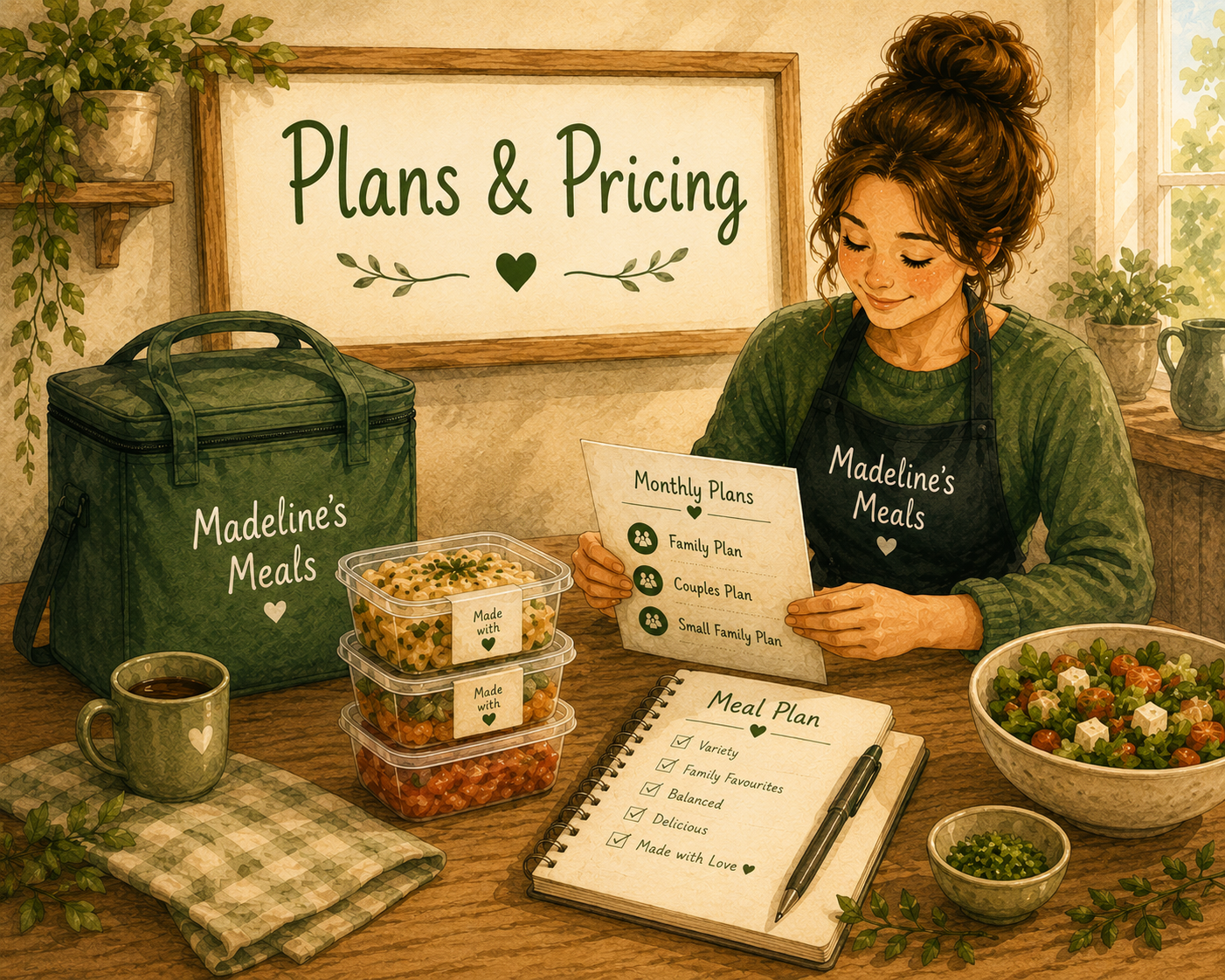 Illustration of a woman with a topknot hairstyle sitting at a table with food, meal plans, and a menu, in a cozy kitchen setting, promoting meal plans and pricing services.