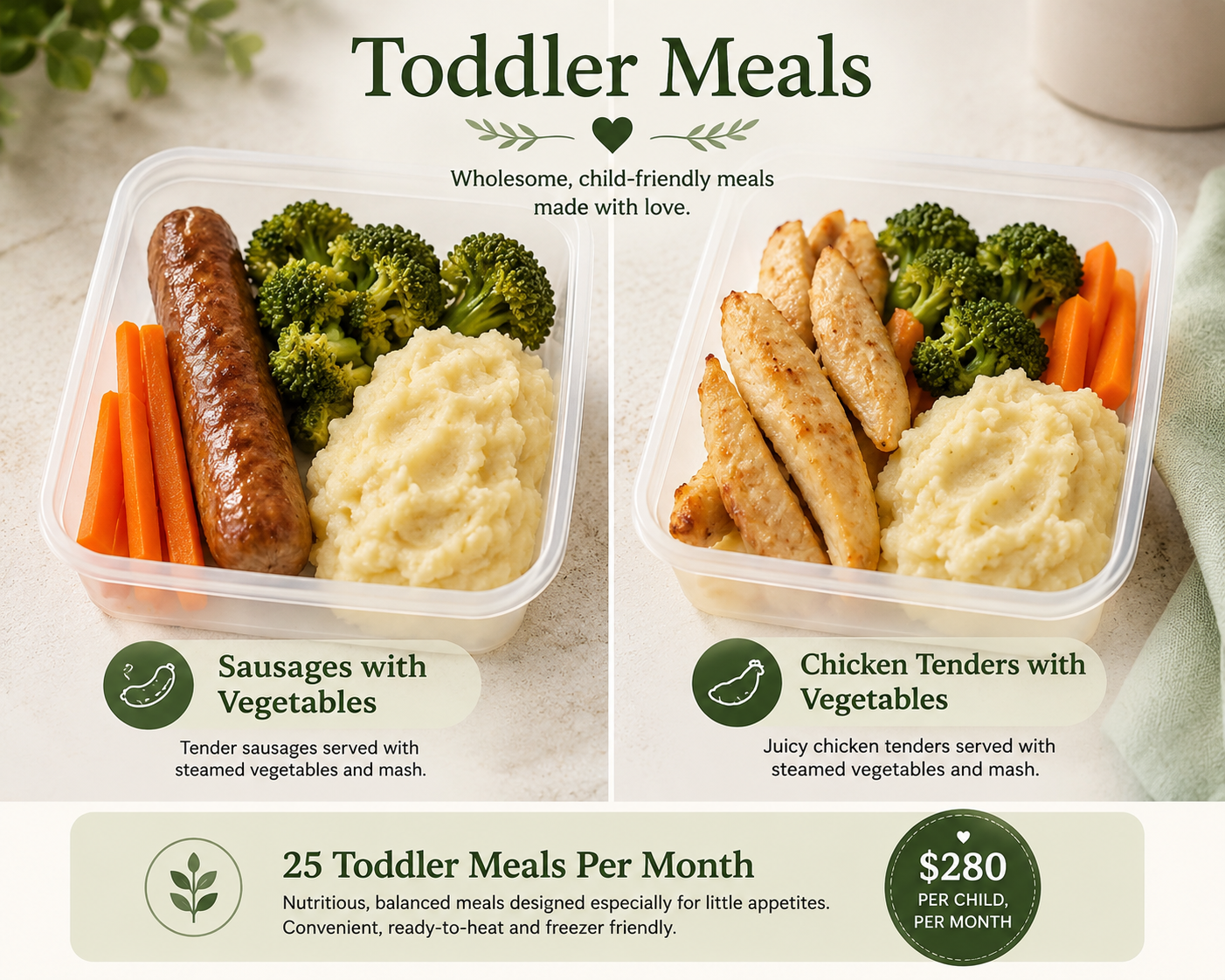 Two plastic containers of toddler meals on a light surface, each containing steamed vegetables, mashed potatoes, and a protein. The left container has sausage links with vegetables, and the right has chicken tenders with vegetables. The text above states 'Toddler Meals' with a heart icon, and descriptions below specify the types of meats and vegetables. Additional text mentions '25 Toddler Meals Per Month' at 280 dollars per child, per month.
