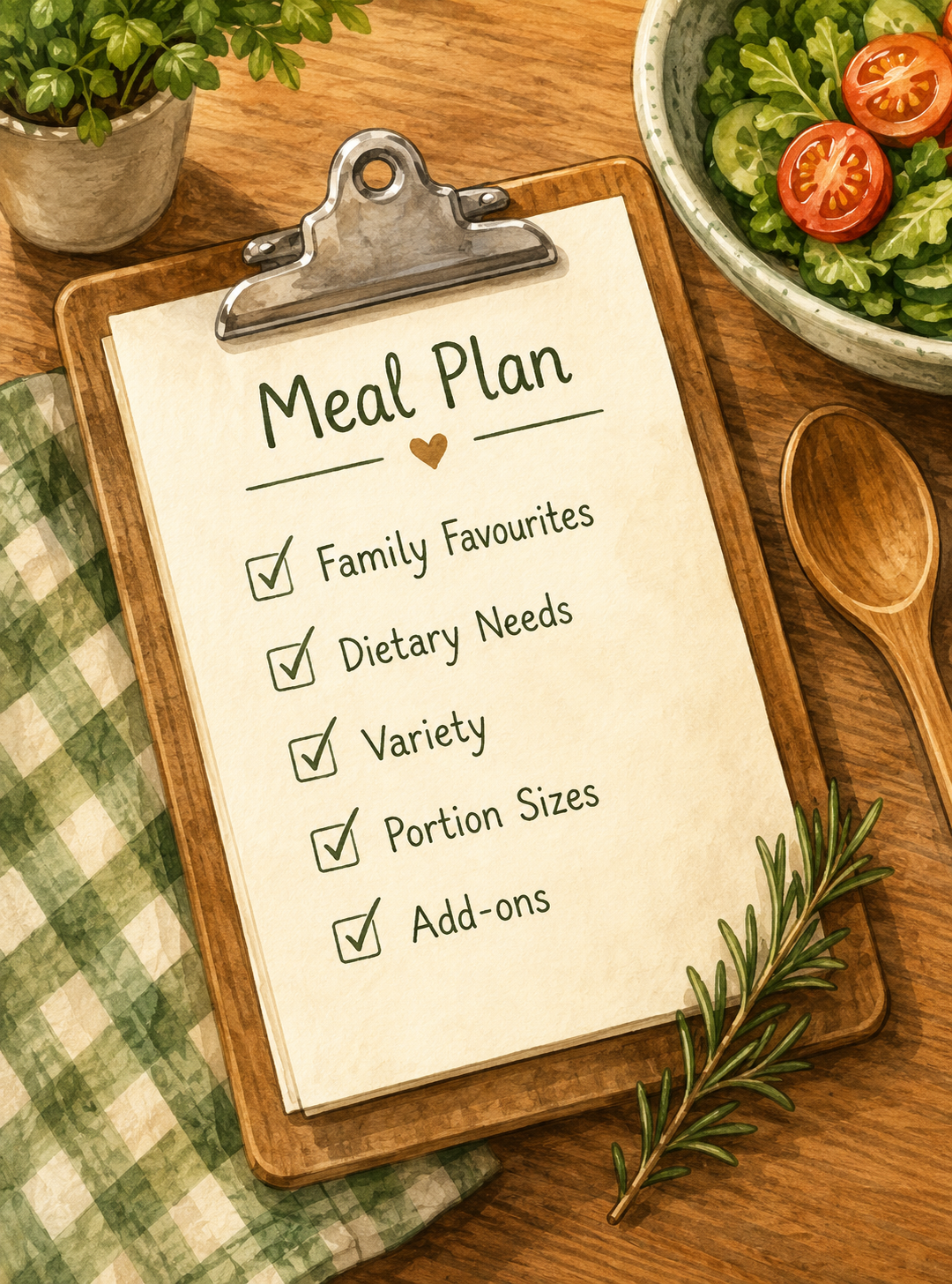 A wooden clipboard with a meal plan sheet listing 'Family Favourites', 'Dietary Needs', 'Variety', 'Portion Sizes', and 'Add-ons', each checked off. The scene includes a small plant, a bowl of salad with tomatoes and cucumbers, a wooden spoon, and a sprig of rosemary on a wooden table with a green checkered cloth.