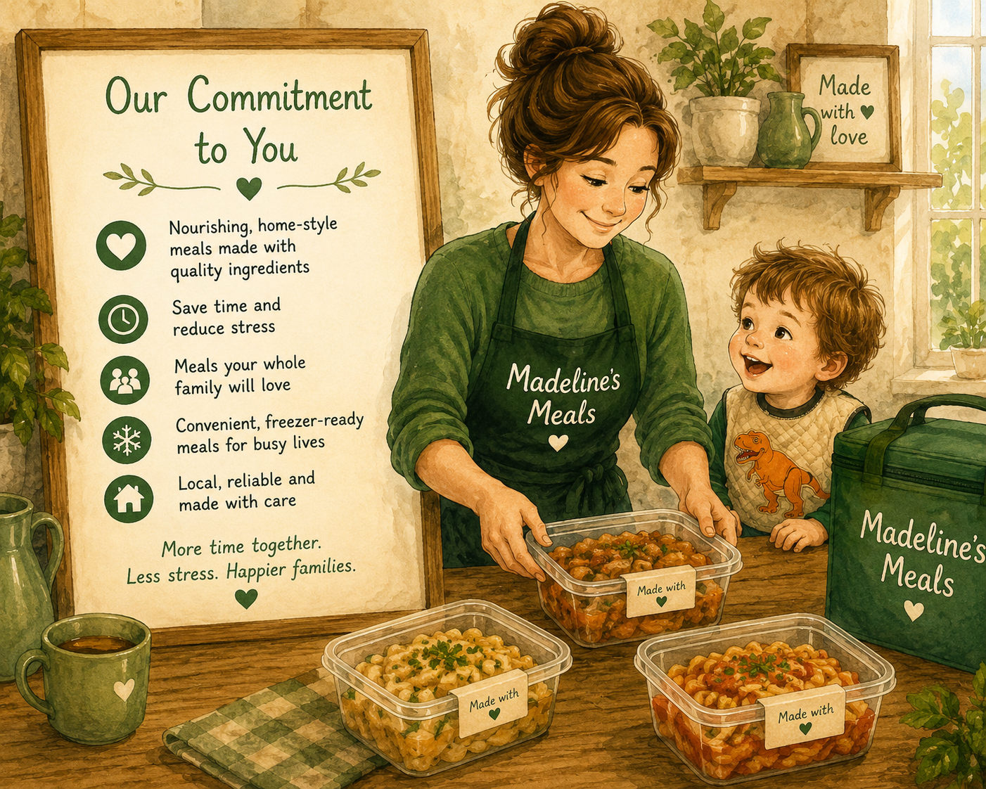 Illustration of a woman and a child at a table with containers of homemade meals labeled "Made with" and a large poster promoting a meal service with benefits like nutritious, home-style meals, time-saving, family-loved, frozen options, and trusted local care. The woman wears a green apron with "Madeline's Meals" and the child smiles. The background shows a cozy kitchen with potted plants and framed art.