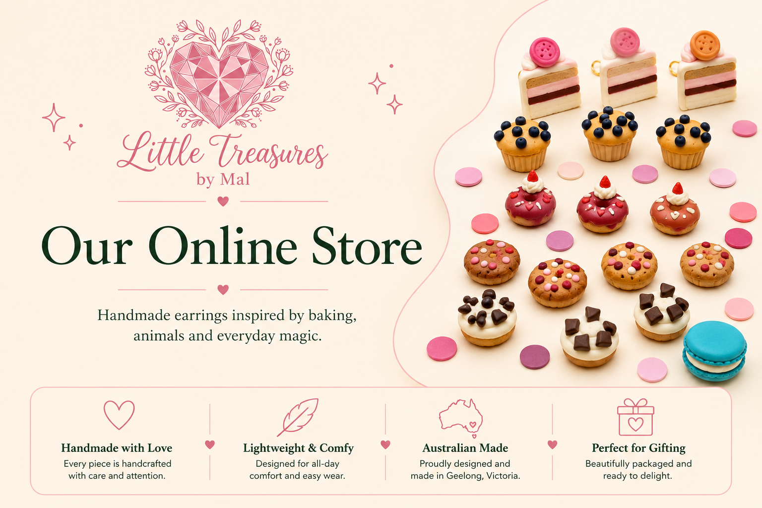 An advertisement for Little Treasures by Mal featuring handmade earrings inspired by baking, animals, and magic. The right side displays various colorful earrings shaped like cupcakes, cookies, and macarons, with scattered pink, purple, and blue confetti.