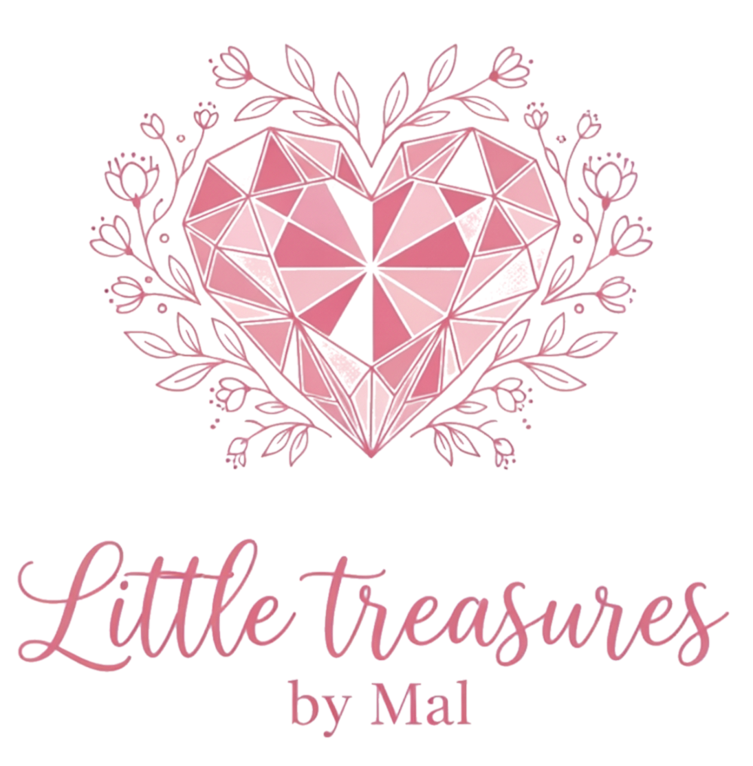A pink geometric heart with floral accents and the text 'Little treasures by Mal' written in pink cursive.
