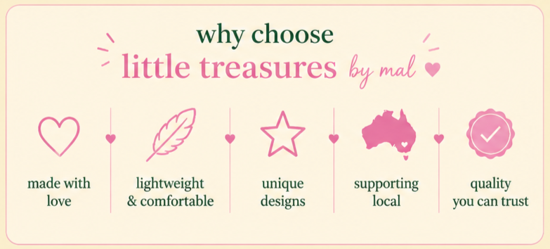 Infographic titled 'Why choose little treasures by mal,' with icons and text highlighting five reasons: made with love, lightweight & comfortable, unique designs, supporting local, and quality you can trust.