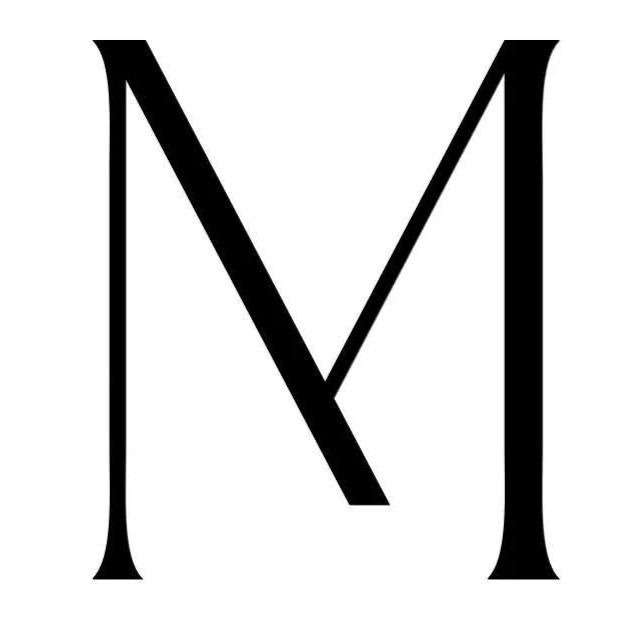 Stylized black letter M on a white background, with a diagonal line crossing the middle.